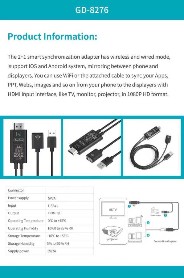 Go-Des GD-8276 Wireless Display Dongle Phone Full HDTV Kablo - 2