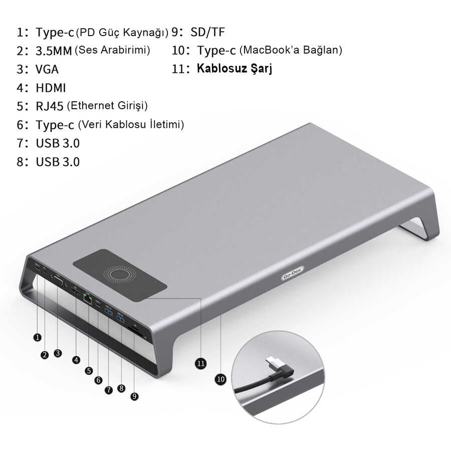 Go-Des GD-9128 Hub ve Kablosuz Şarj Destekli Laptop Standı Docking Station Stand - 3