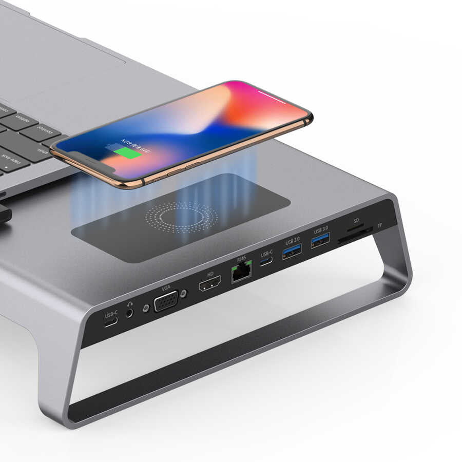 Go-Des GD-9128 Hub ve Kablosuz Şarj Destekli Laptop Standı Docking Station Stand - 4