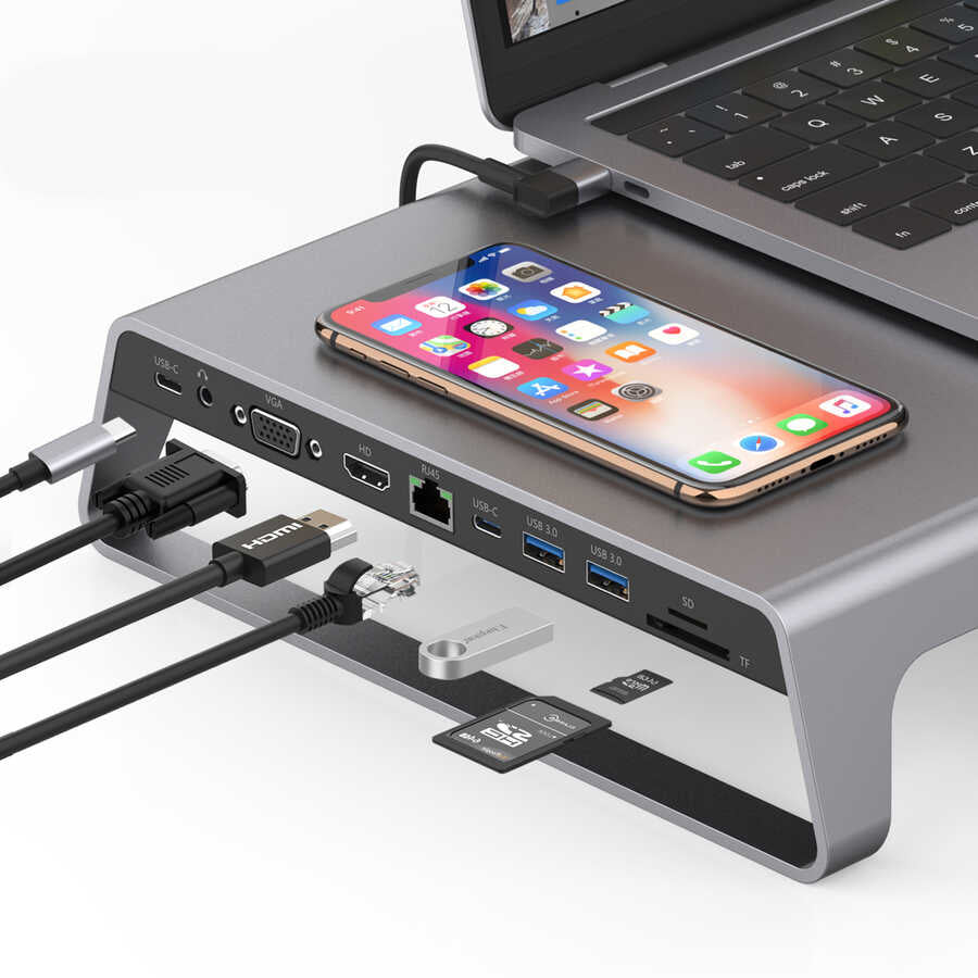 Go-Des GD-9128 Hub ve Kablosuz Şarj Destekli Laptop Standı Docking Station Stand - 6