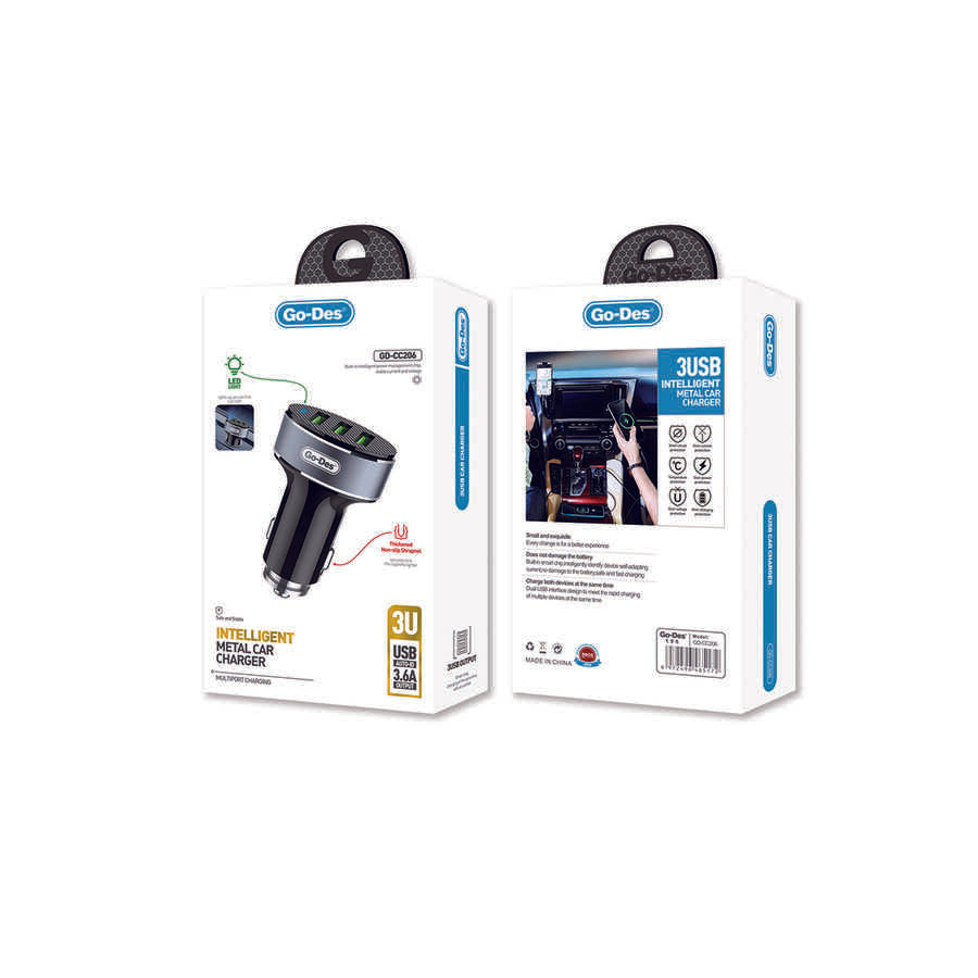 Go-Des GD-CC206 3 USB Çıkışlı Led Işıklı Metal Araç Şarj Başlığı 3.6A - 2