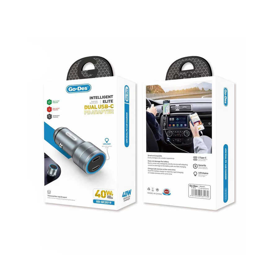 Go-Des GD-QC2019 Çift PD Çıkışlı Metal Araç Şarj Başlığı Led Işıklı 40W - 2
