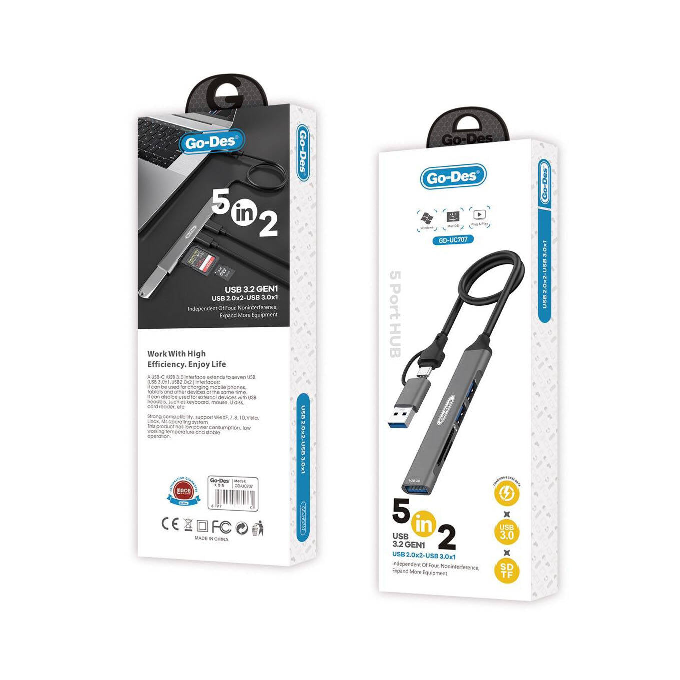 Go-Des GD-UC707 USB3.0 + USB2.0 + SD/TF Bağlantılı Type-C USB-A 5in2 Hub - 2