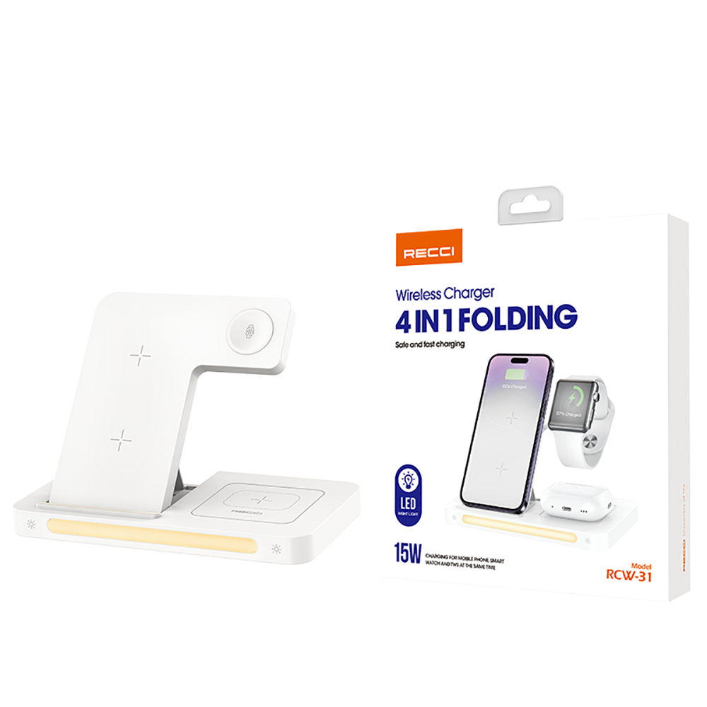 Recci RCW-31 4in1 Magsafe 15W Hızlı Şarj Özellikli LED Işıklı Magnetik Kablosuz Şarj Standı - 4