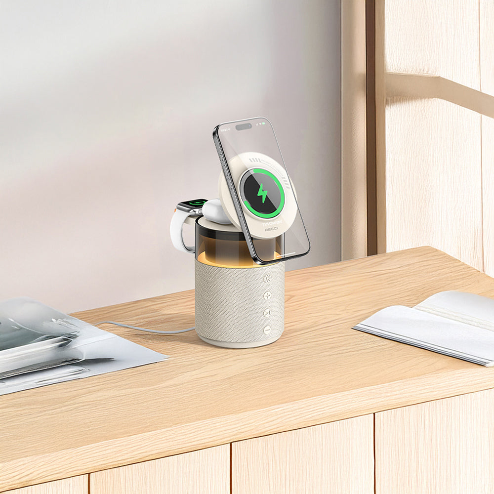 Recci RCW-51 Ambiyans Işıklı Bluetooth Speaker Hoparlör Özellikli Kablosuz Şarj Standı