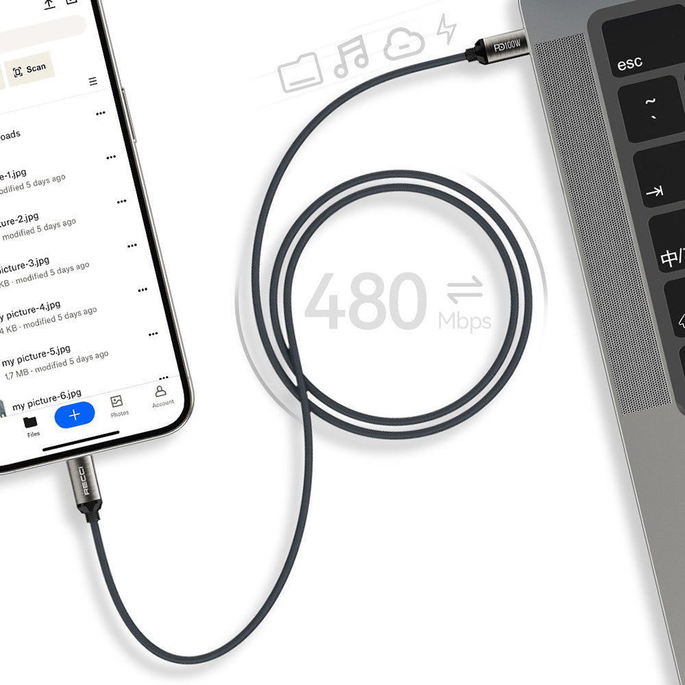 Recci RS45CC Type-C to Type-C PD 100W Örgü Tasarımlı Hızlı Şarj Özellikli 1 Metre Data ve Şarj Kablosu