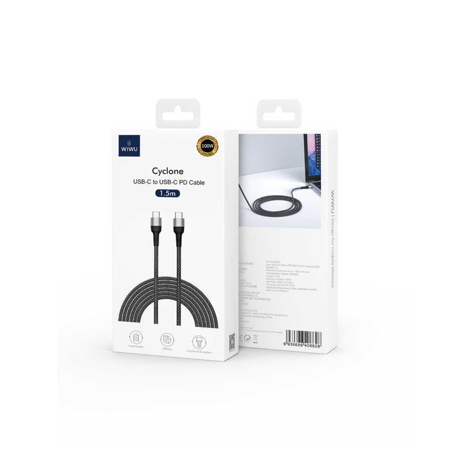 Wiwu Cyclone F15 Type-C to Type-C PD 480Mbps 100W 1.5 metre Data Kablosu - 3