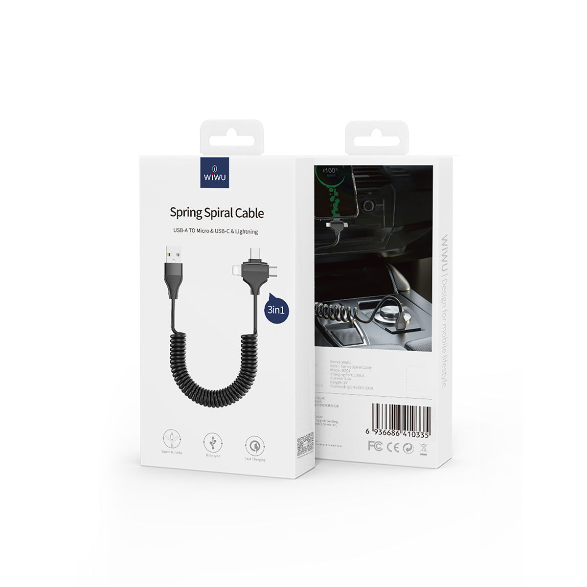 Wiwu Spiral Tasarımlı Micro Type-C ve Lightning 3in1 Spring Spiral Kablo 1m - 3