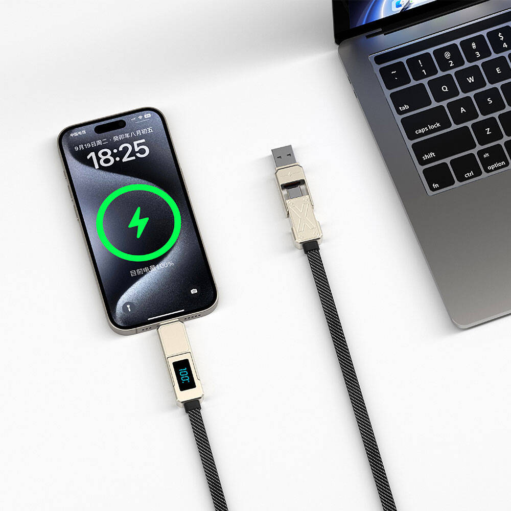 Wiwu Wi-C039 Titan Serisi 4in1 USB-A+Type-C to Type-C+Lightning LED Dijital Göstergeli Şarj ve Data Kablosu 1.5M