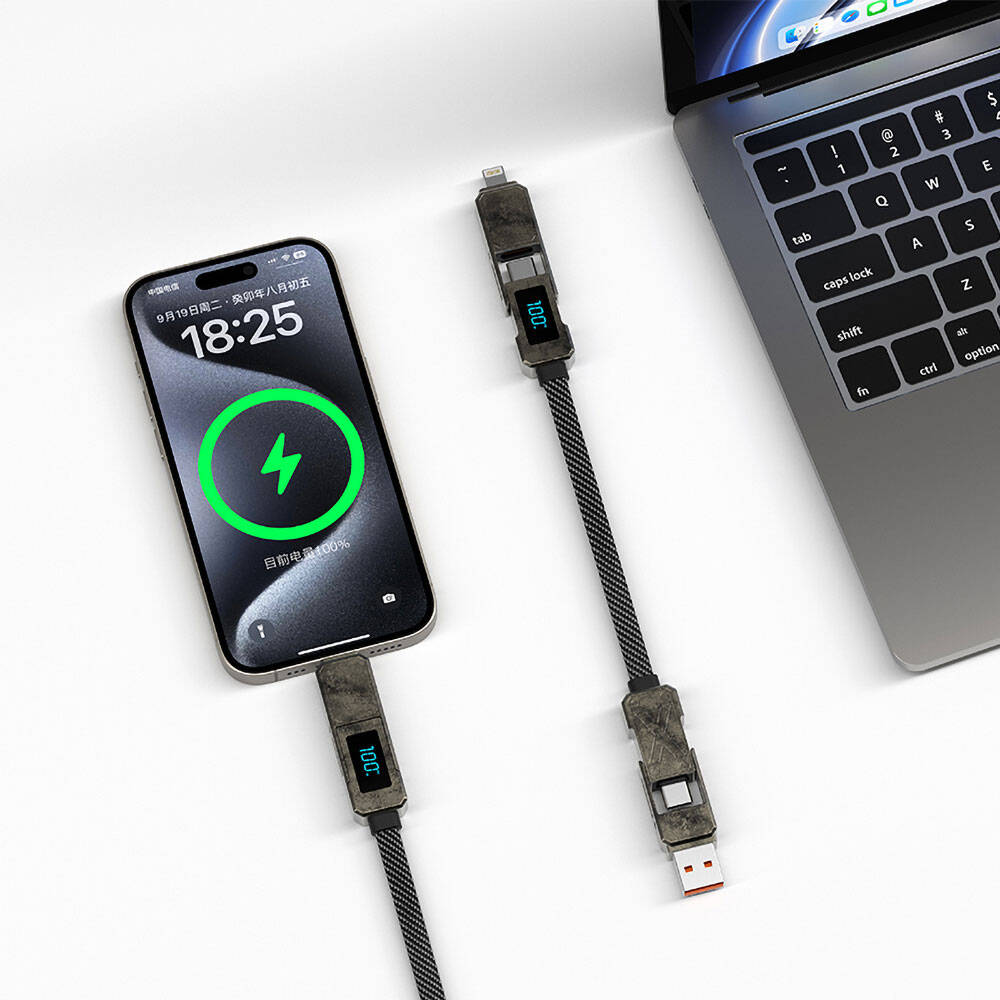 Wiwu Wi-C039 Titan Serisi 4in1 USB-A+Type-C to Type-C+Lightning LED Dijital Göstergeli Şarj ve Data Kablosu 15cm