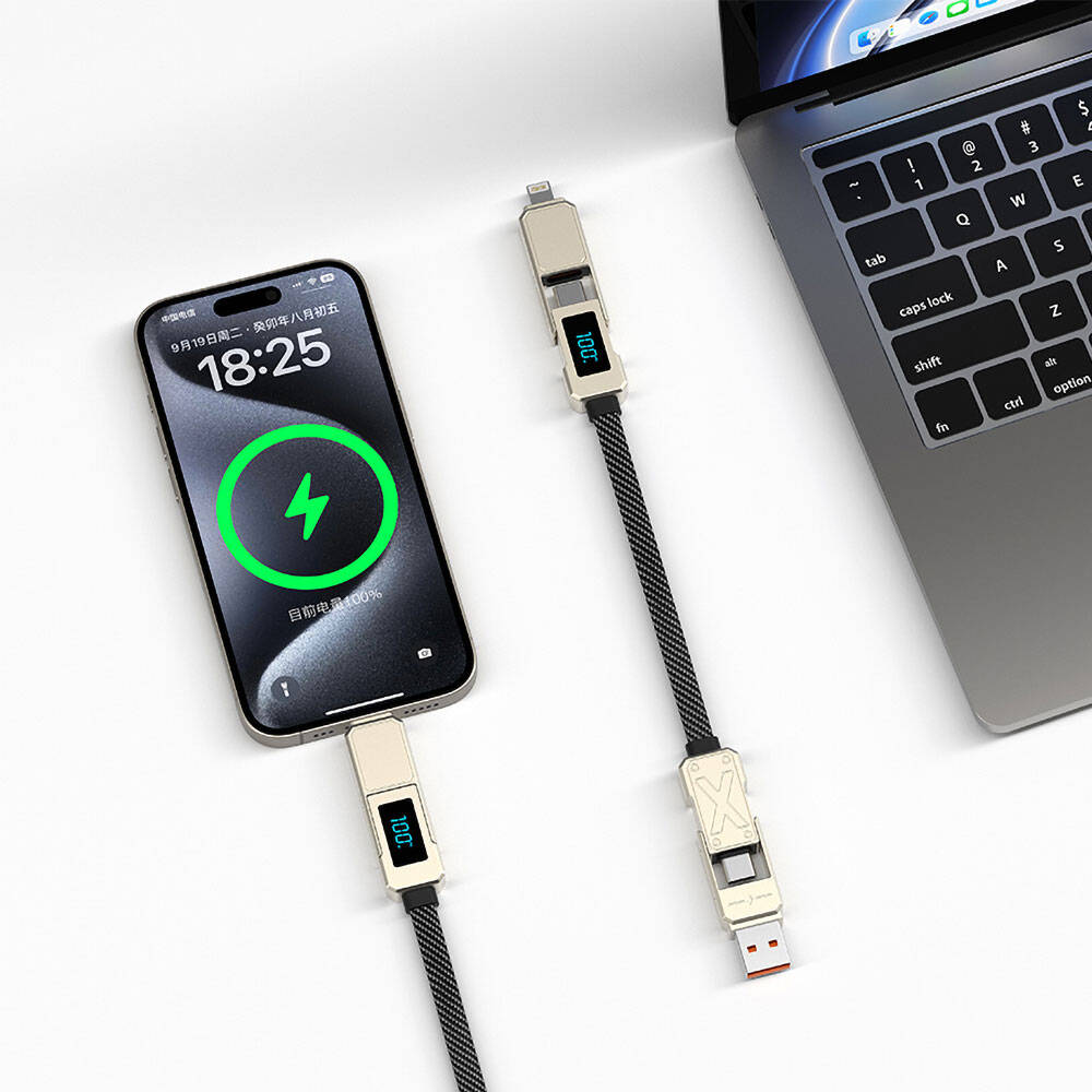 Wiwu Wi-C039 Titan Serisi 4in1 USB-A+Type-C to Type-C+Lightning LED Dijital Göstergeli Şarj ve Data Kablosu 15cm