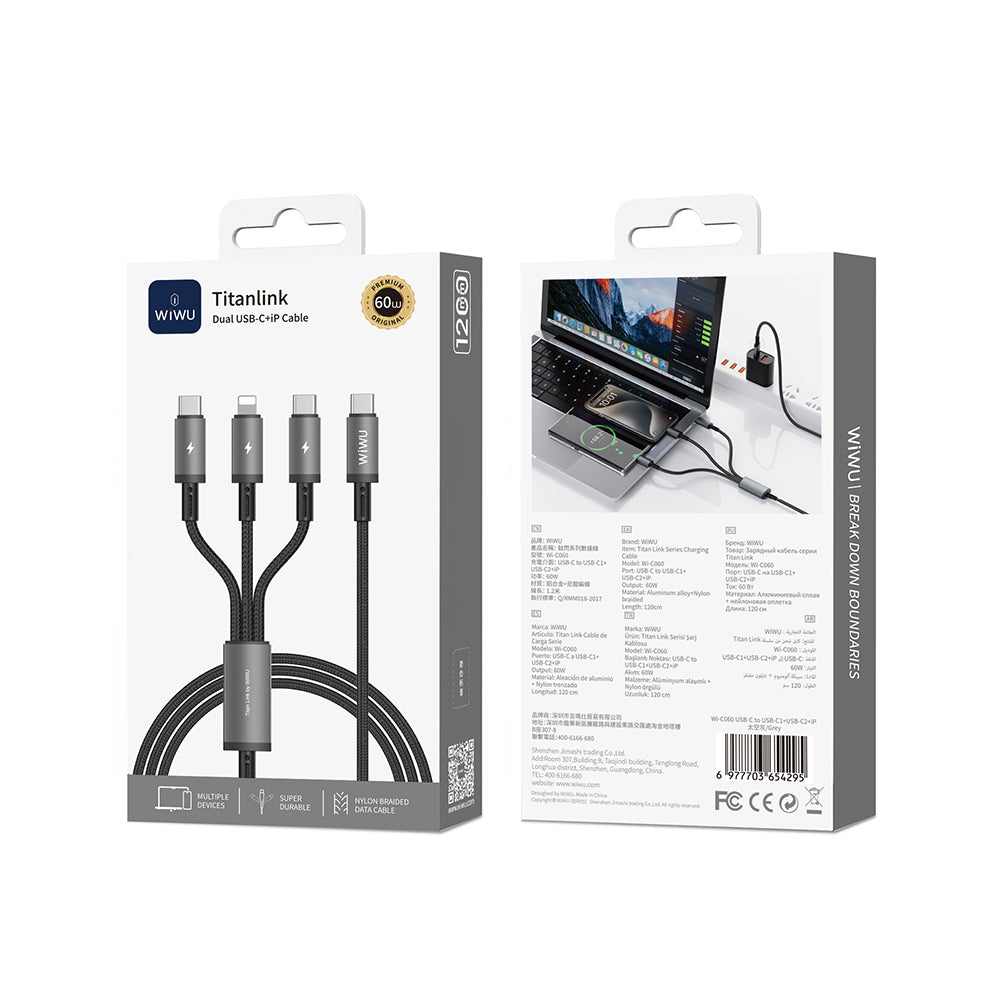Wiwu Wi-C060 Titanlink Serisi 3in1 Type-C to Lightning – 2xType-C Örgülü 60W 1.2m Şarj ve Data PD Kablosu