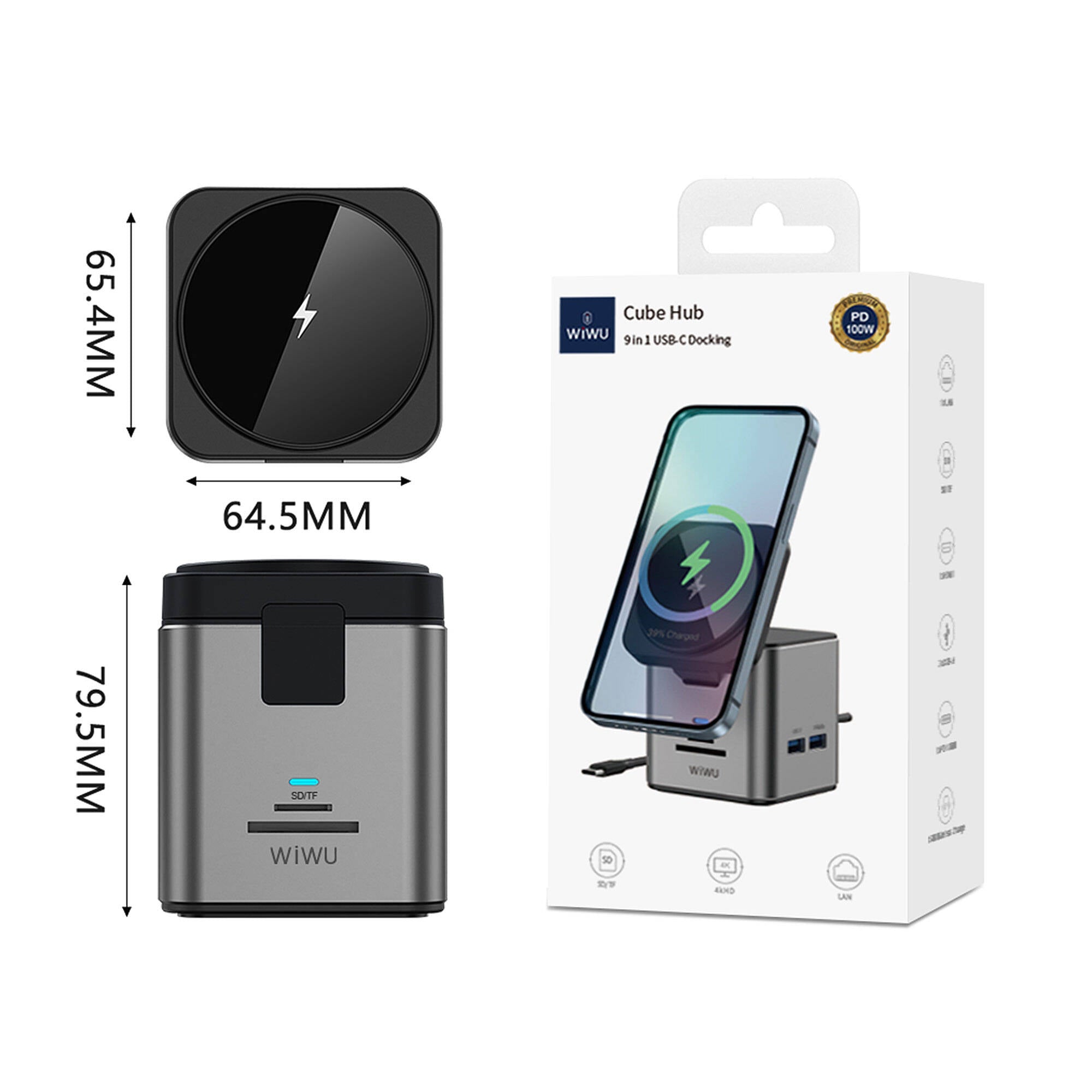 Wiwu Wi-W025 9in1 M-safe Kablosuz Şarj Özellikli Type-C Hub PD 100W USB 3.0 SD/TF HDMI RJ45