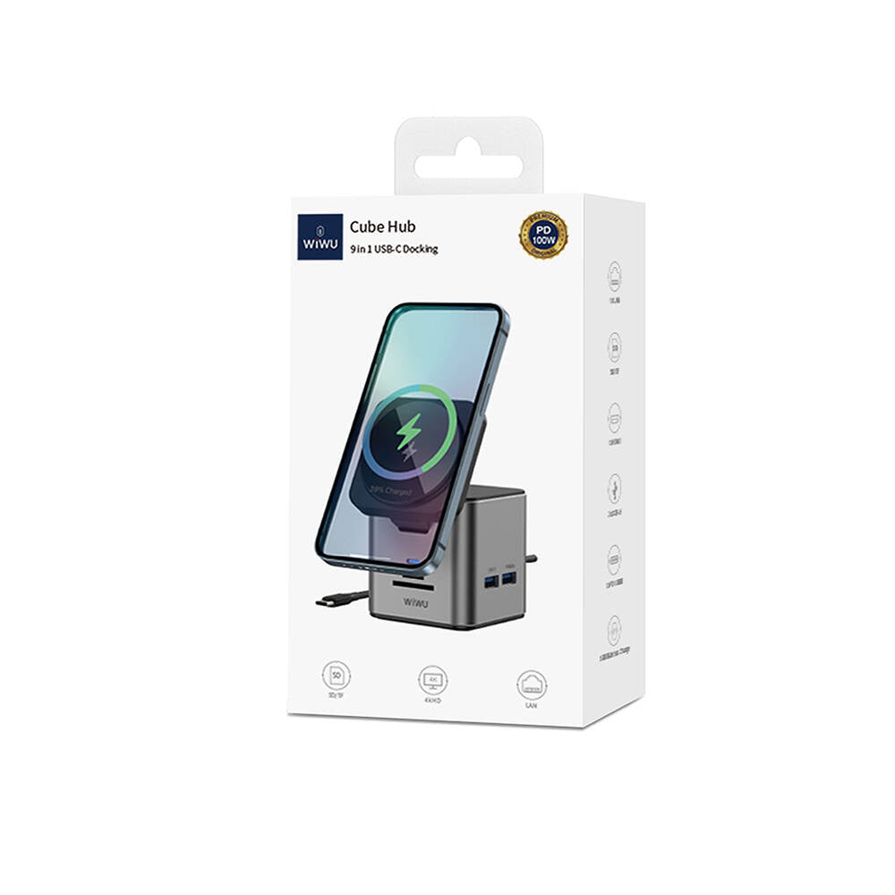 Wiwu Wi-W025 9in1 M-safe Kablosuz Şarj Özellikli Type-C Hub PD 100W USB 3.0 SD/TF HDMI RJ45