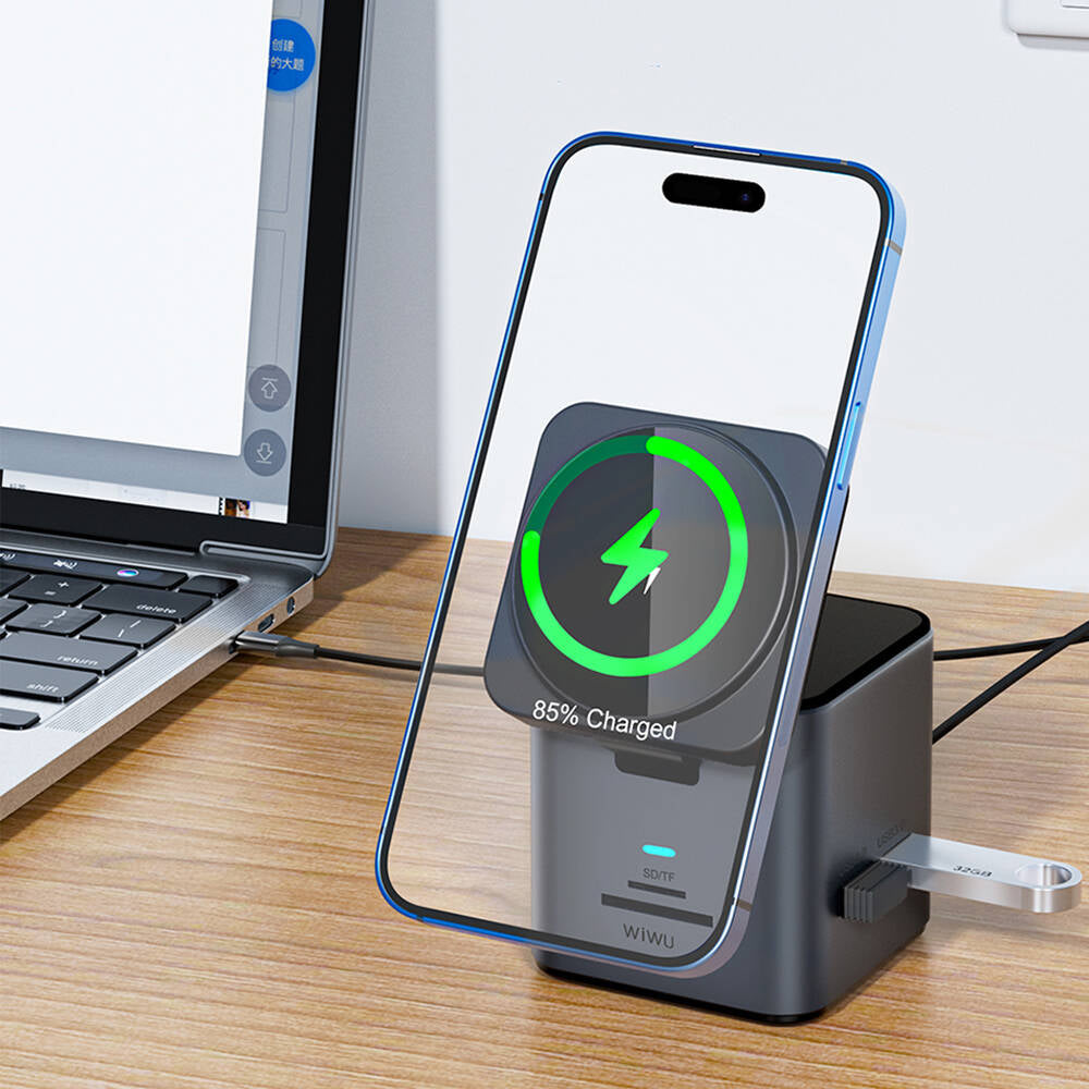 Wiwu Wi-W025 9in1 M-safe Kablosuz Şarj Özellikli Type-C Hub PD 100W USB 3.0 SD/TF HDMI RJ45