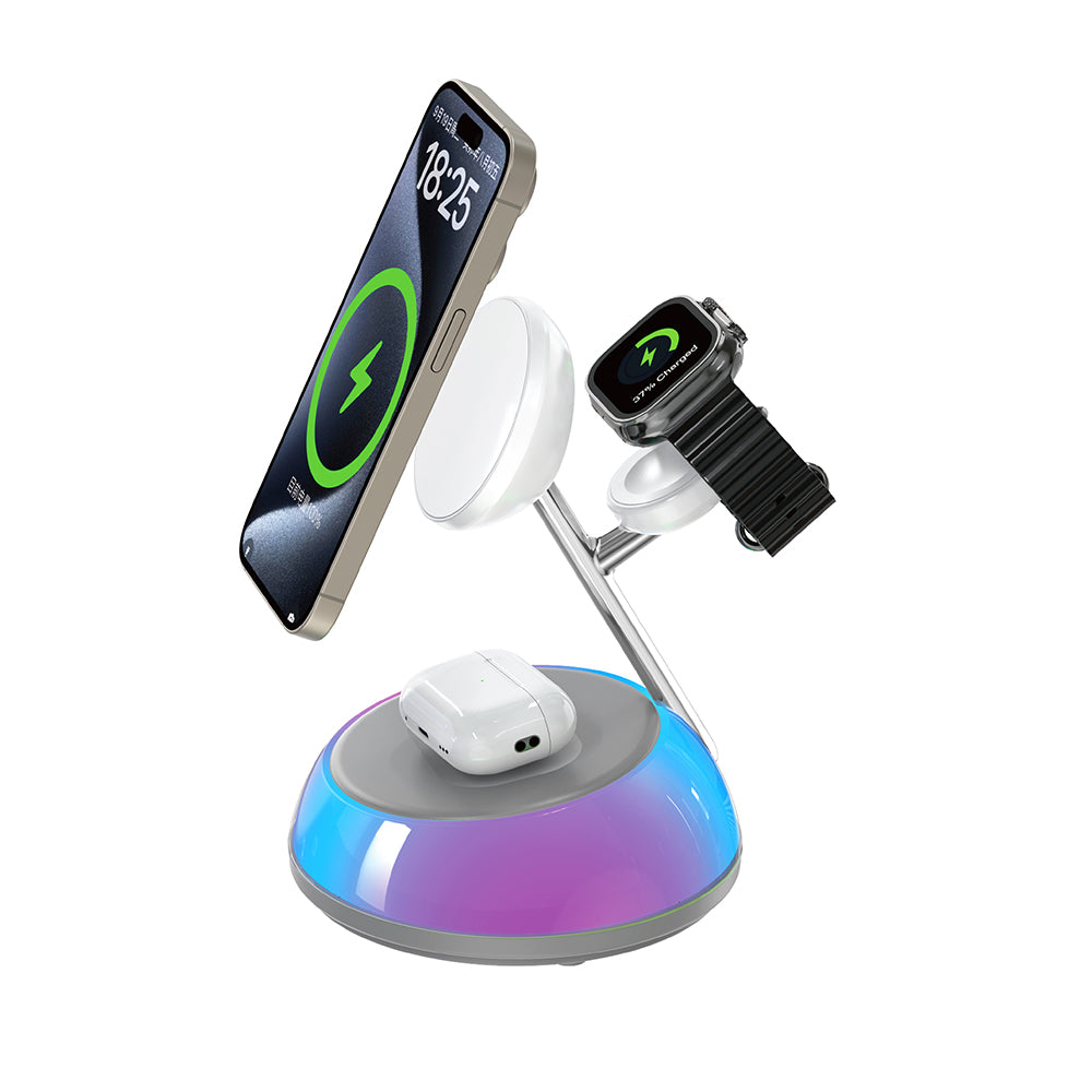 Wiwu Wi-W036 Qi2 3 in 1 Magnetik Hızlı Şarj Özellikli Ambiyans Işıklı 15W Kablosuz Şarj Standı