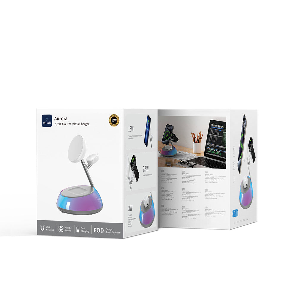 Wiwu Wi-W036 Qi2 3 in 1 Magnetik Hızlı Şarj Özellikli Ambiyans Işıklı 15W Kablosuz Şarj Standı