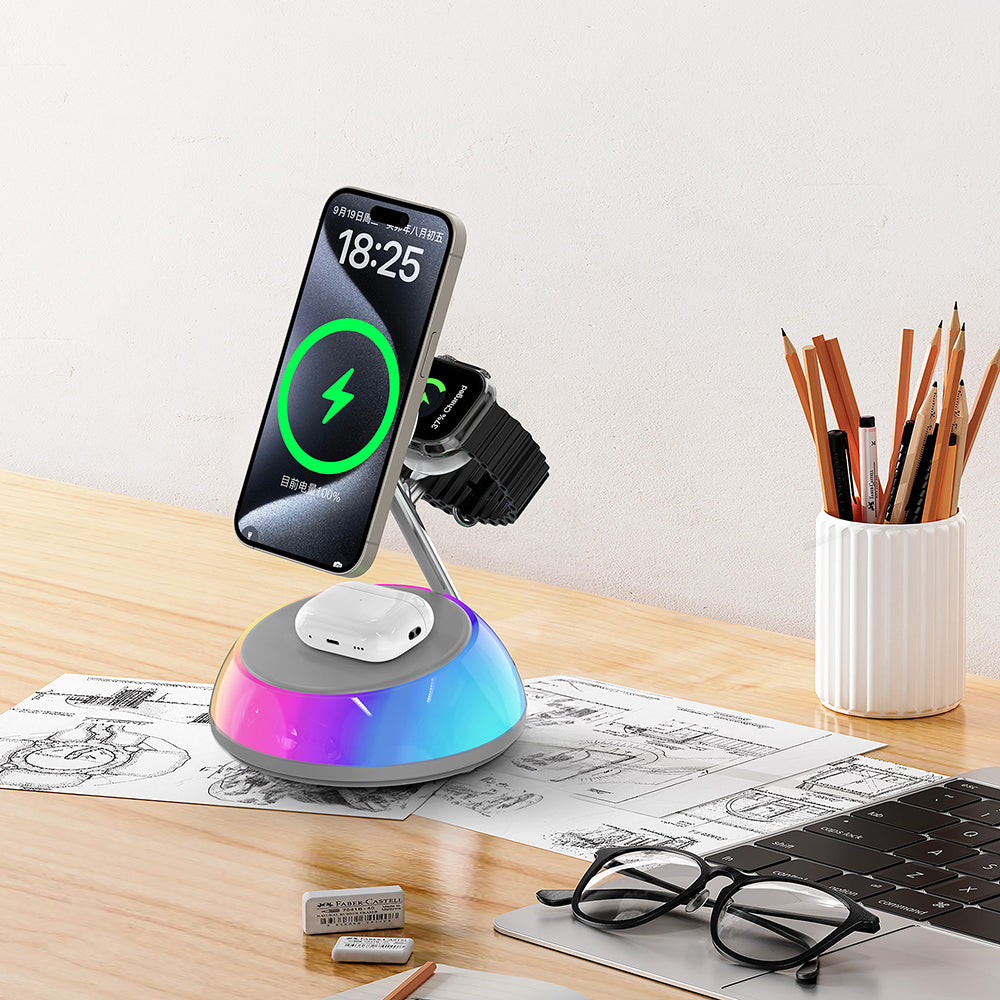 Wiwu Wi-W036 Qi2 3 in 1 Magnetik Hızlı Şarj Özellikli Ambiyans Işıklı 15W Kablosuz Şarj Standı