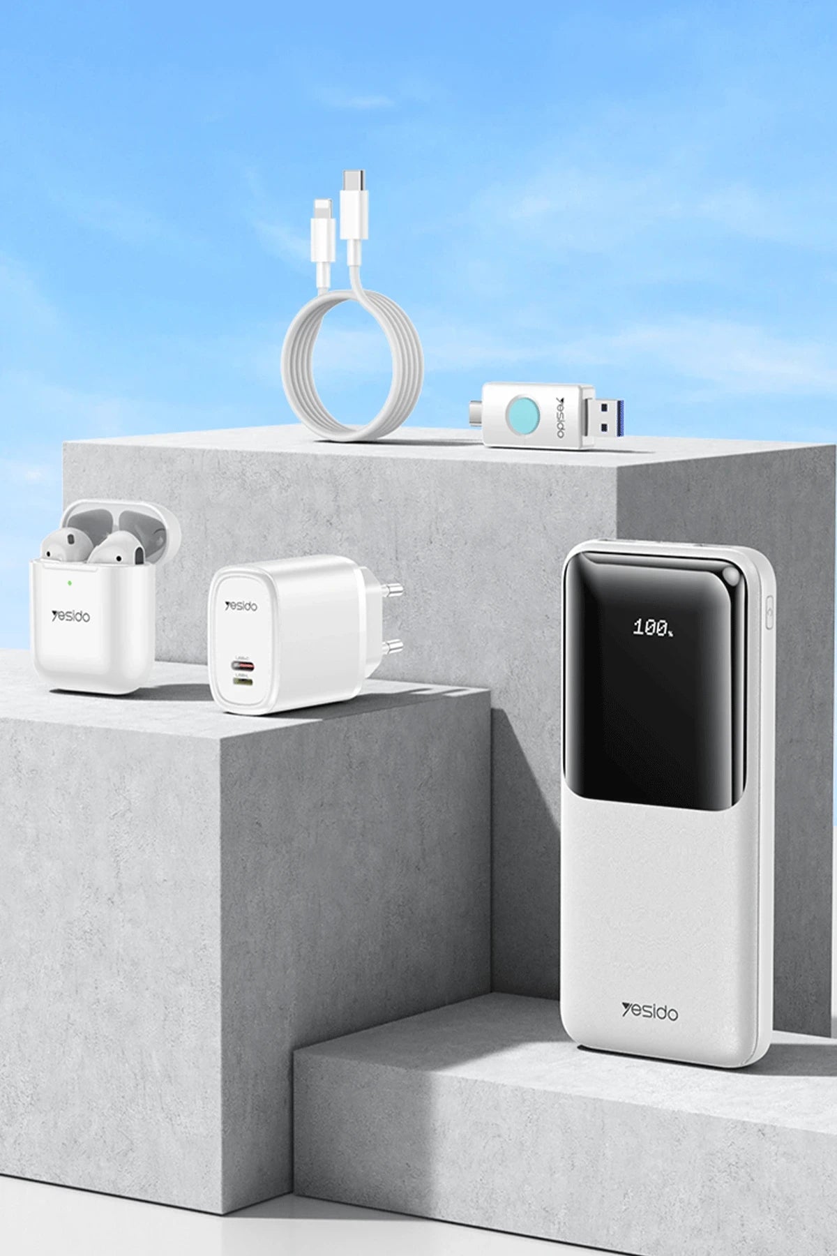 Yesido CG10 5in1 Set 12W Şarj Aleti-Kablo-Powerbank-Flash Bellek-Airpods