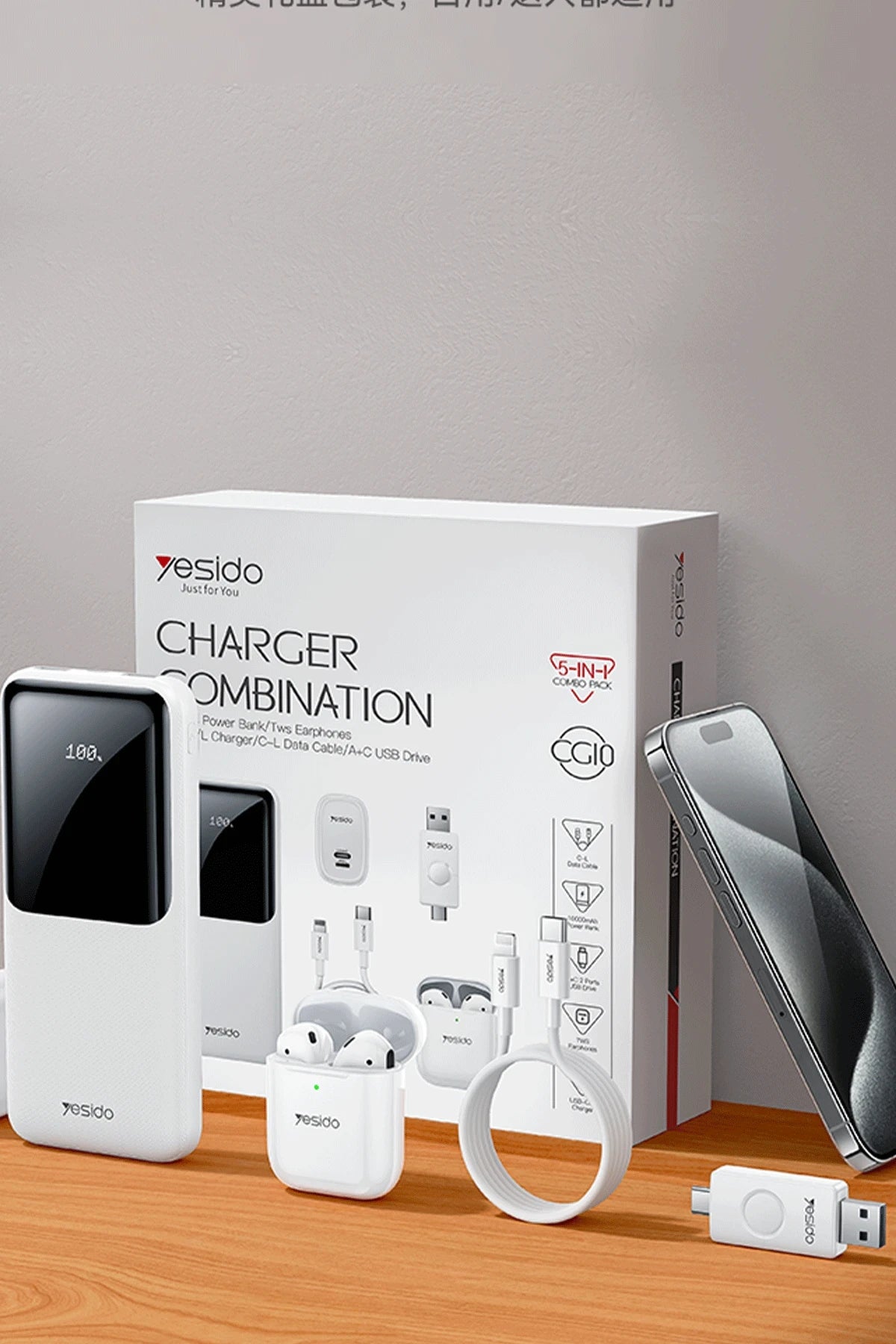 Yesido CG10 5in1 Set 12W Şarj Aleti-Kablo-Powerbank-Flash Bellek-Airpods