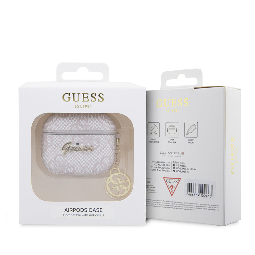 Guess Airpods 3.Nesil Orjinal Lisanslı 4G Desenli Metal Script Logolu 4G Charm PU Deri Kılıf