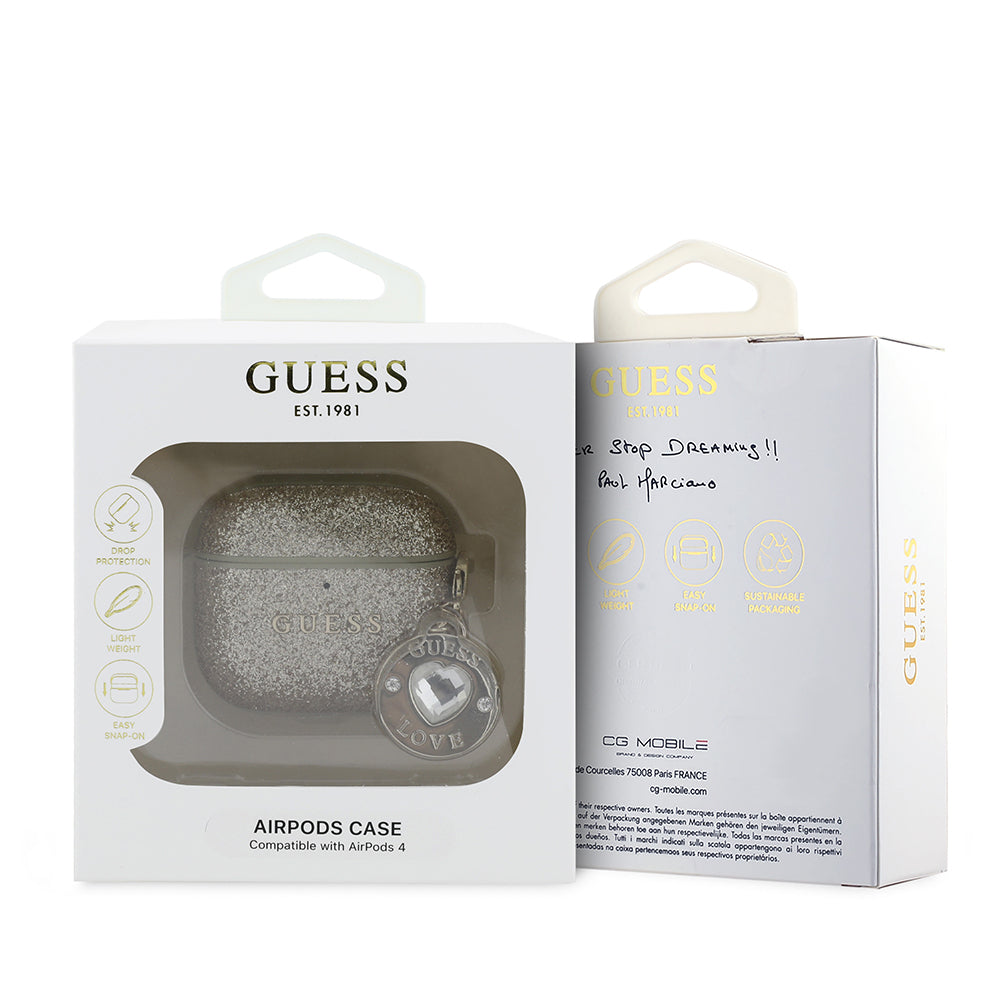 Guess Airpods 4 Orjinal Lisanslı Glitter Elmas Kalp Süs Zincirli Kılıf