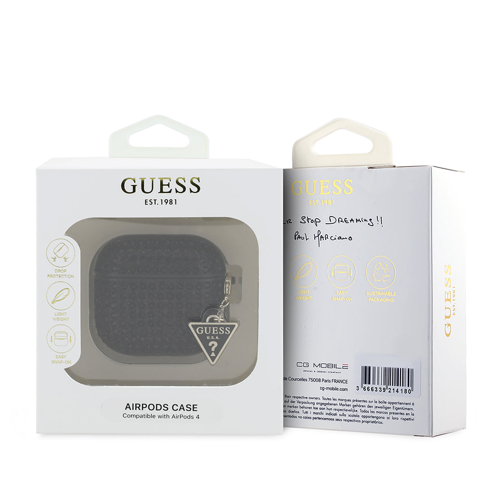 Guess Airpods 4 Orjinal Lisanslı Parıltılı Taş Kaplamalı Üçgen Logo Süs Zincirli Airpods Kılıfı