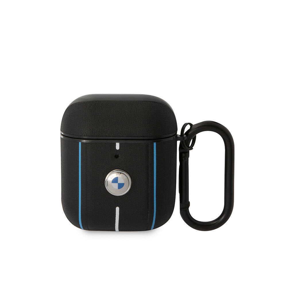 BMW Airpods Orjinal Lisanslı PU Deri Mavi Beyaz Çizgili Metal Logolu Kılıf