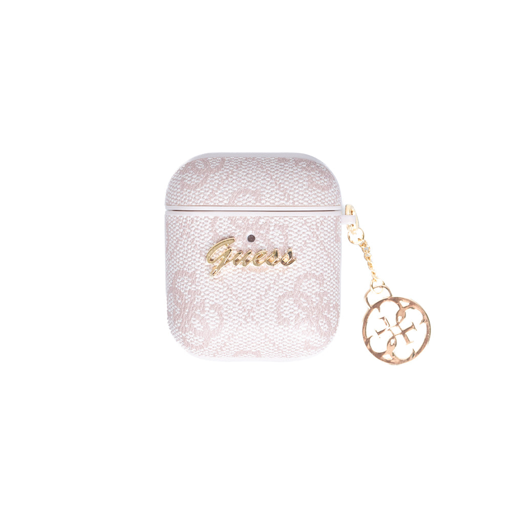 Guess Airpods Kılıf Orjinal Lisanslı 4G Desenli Metal Script Logolu 4G Charm Sağdan Askılı PU Deri Kılıf