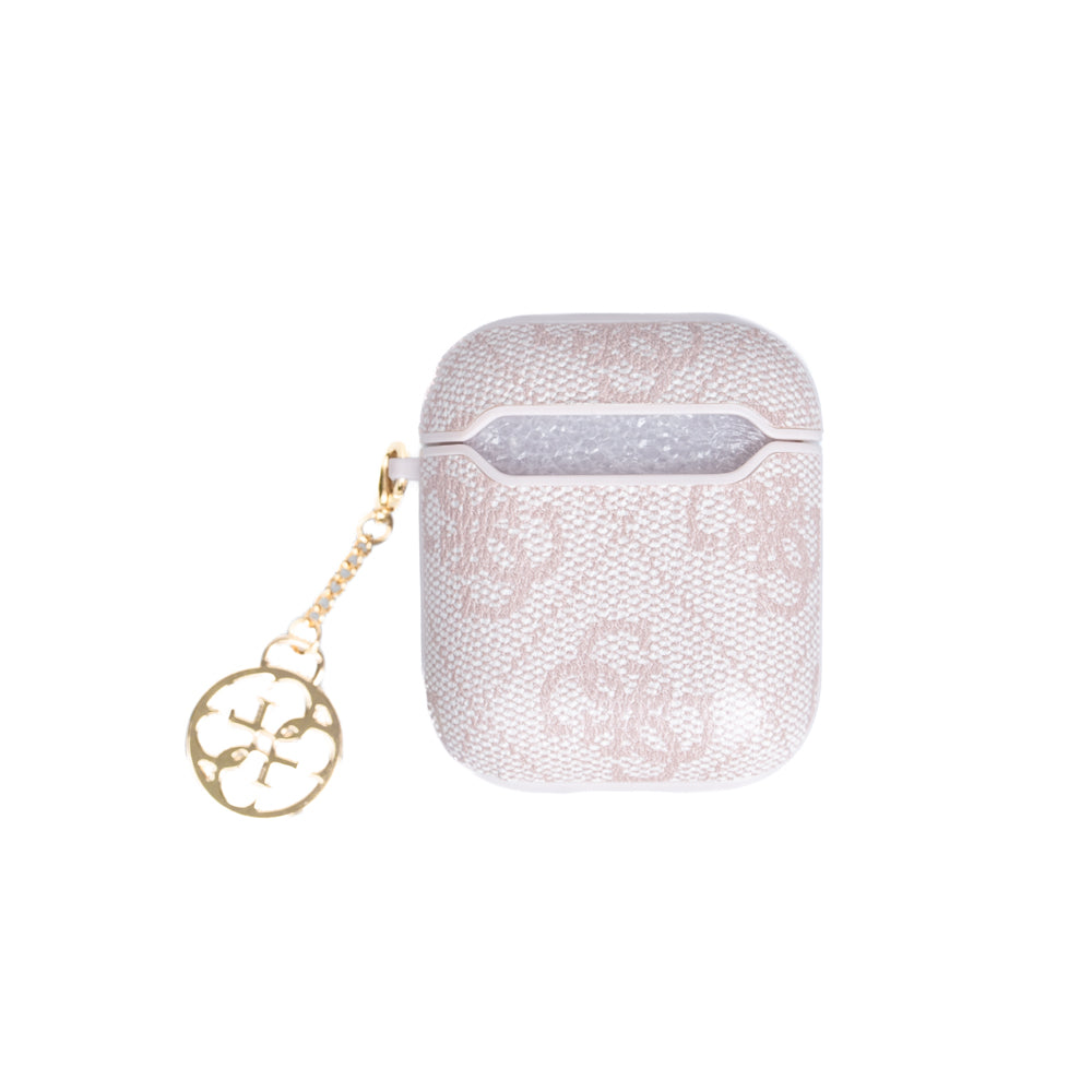 Guess Airpods Kılıf Orjinal Lisanslı 4G Desenli Metal Script Logolu 4G Charm Sağdan Askılı PU Deri Kılıf