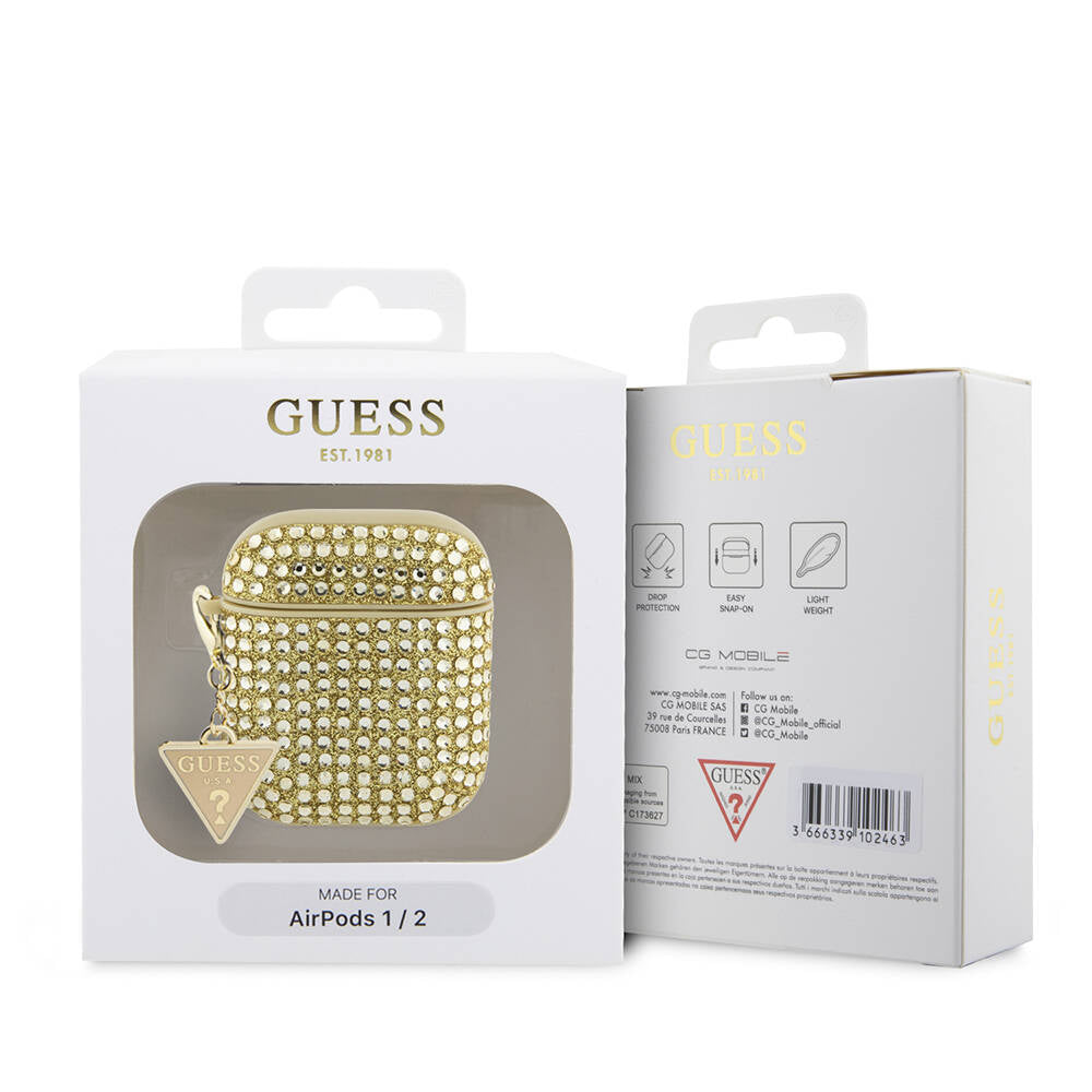 Guess Airpods Orjinal Lisanslı Parıltılı Taş Kaplamalı Üçgen Logo Süs Zincirli Kılıf