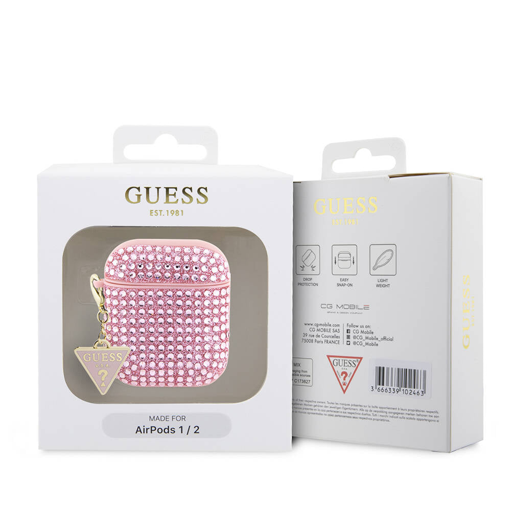 Guess Airpods Orjinal Lisanslı Parıltılı Taş Kaplamalı Üçgen Logo Süs Zincirli Kılıf
