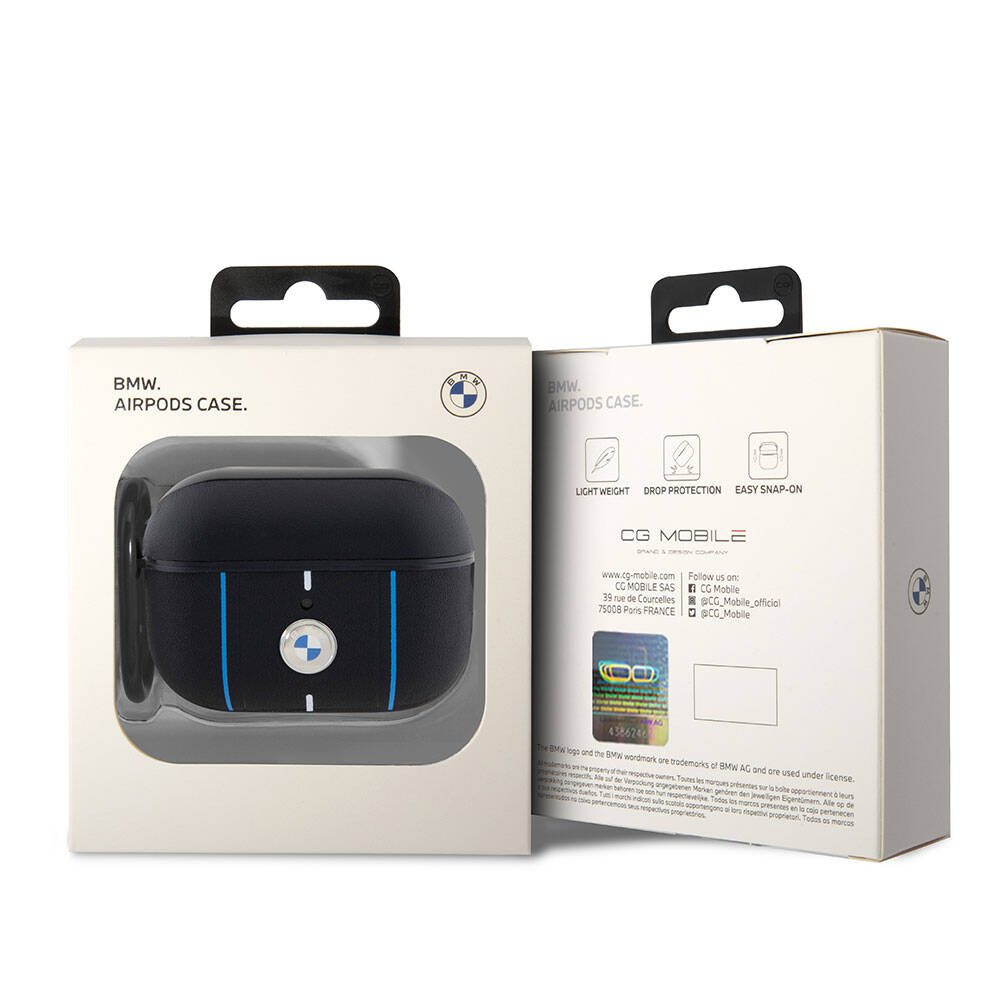 BMW Airpods Pro 2 Orjinal Lisanslı PU Deri Mavi Beyaz Çizgili Metal Logolu Kılıf