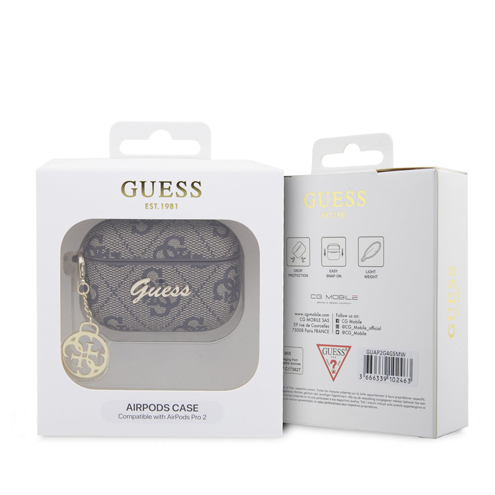 Guess Airpods Pro 2 Orjinal Lisanslı 4G Desenli Metal Script Logolu 4G Charm PU Deri Kılıf