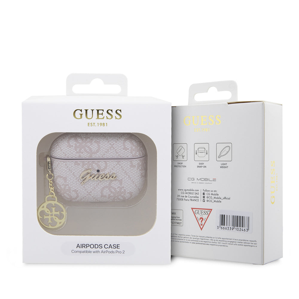 Guess Airpods Pro 2 Orjinal Lisanslı 4G Desenli Metal Script Logolu 4G Charm PU Deri Kılıf