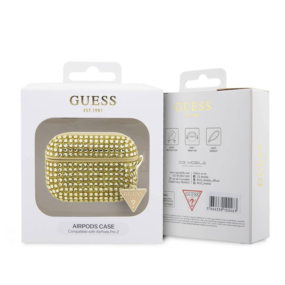 Guess Airpods Pro 2 Orjinal Lisanslı Parıltılı Taş Kaplamalı Üçgen Logo Süs Zincirli Kılıf