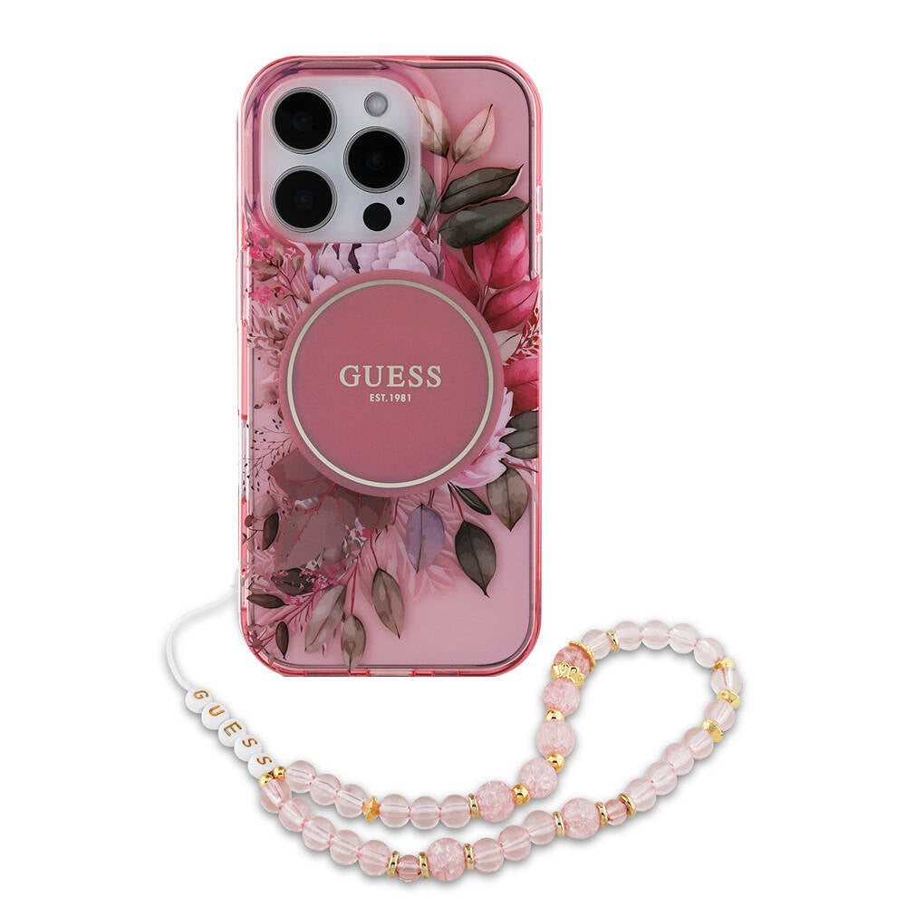 Guess iPhone 16 Pro Max Orjinal Lisanslı Magsafe IML Baskılı Çiçek İnci Bileklikli Telefon Kılıfı-1