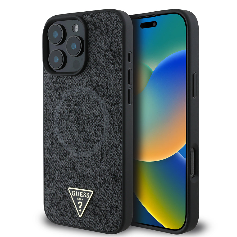 Guess iPhone 16 Pro Max Orjinal Lisanslı Magsafe Şarj Özellikli PU Üçgen Logo 4G Desenli Telefon Kılıfı-1