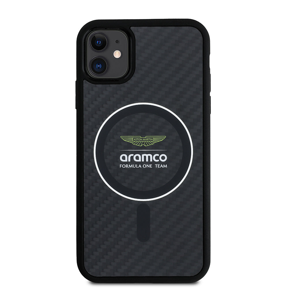 Apple iPhone 11 Aston Martin Orjinal Lisanslı M-safe Şarj Özellikli Renkli Halka ve Karbon Fiber Tasarımlı Kılıf