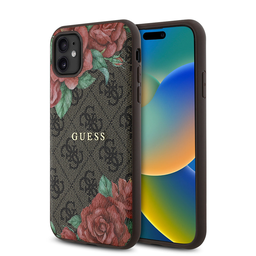 Guess iPhone 11 Orjinal Lisanslı M-safe Uyumlu Gül Baskılı 4G Desenli Yazı Logolu Kılıf