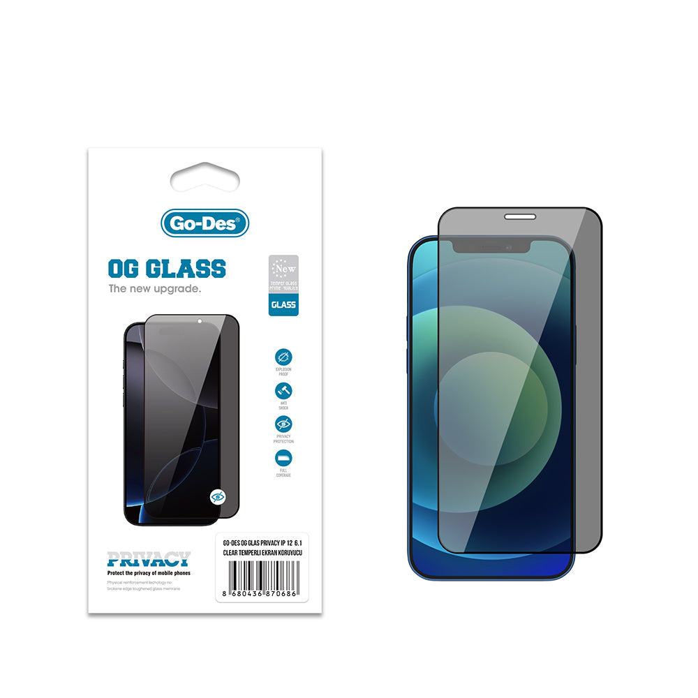 Go Des OG Glass iPhone 12 Privacy Antistatik Temperli Cam Ekran Koruyucu