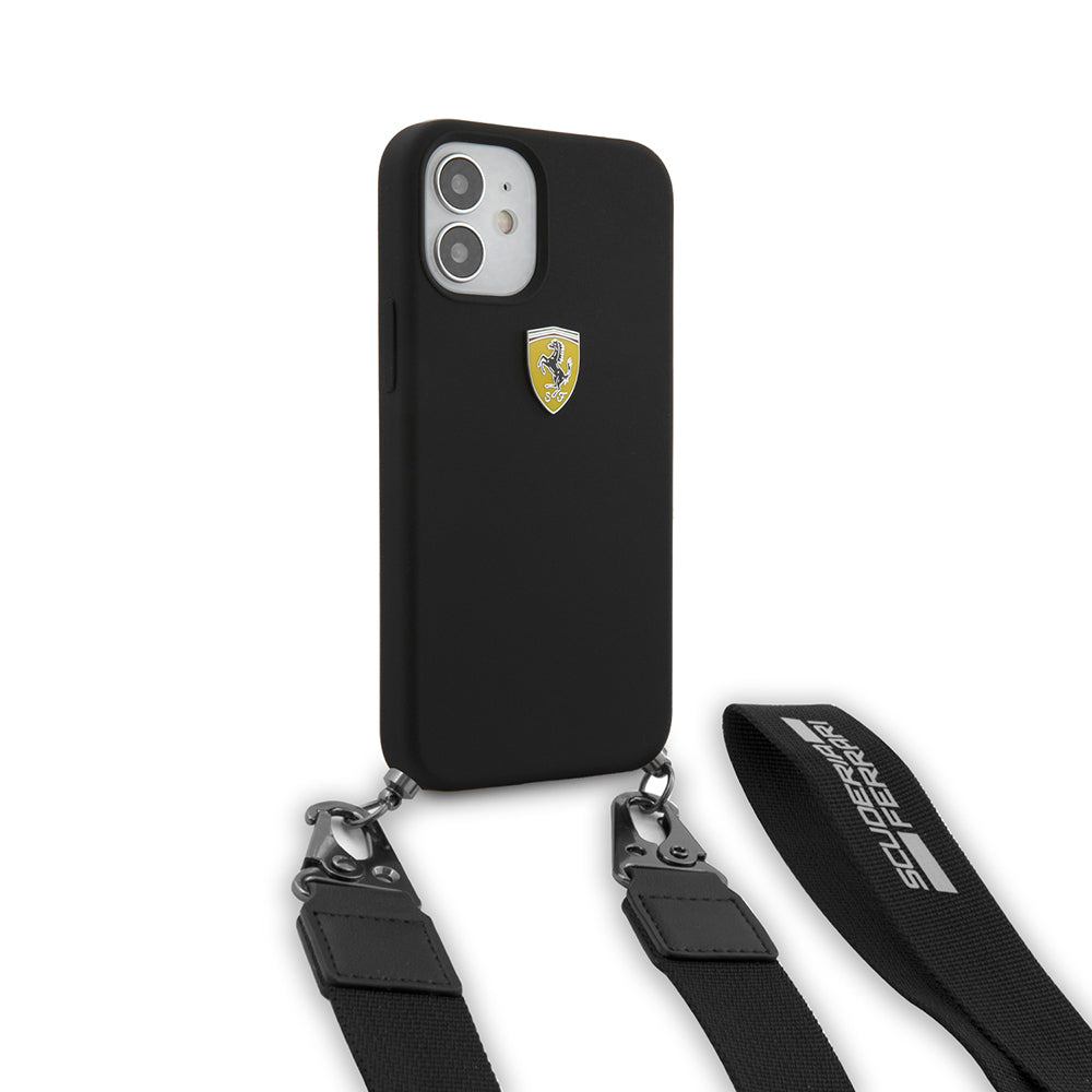 Ferrari iPhone 12 Kılıf Orjinal Lisanslı Askılı Metal Logolu Telefon Kılıfı