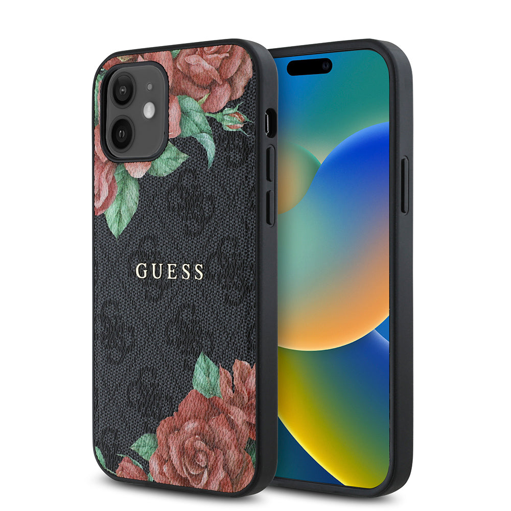 Guess iPhone 12 Orjinal Lisanslı M-safe Şarj Özellikli Gül Baskılı 4G Desenli Yazı Logolu Kılıf