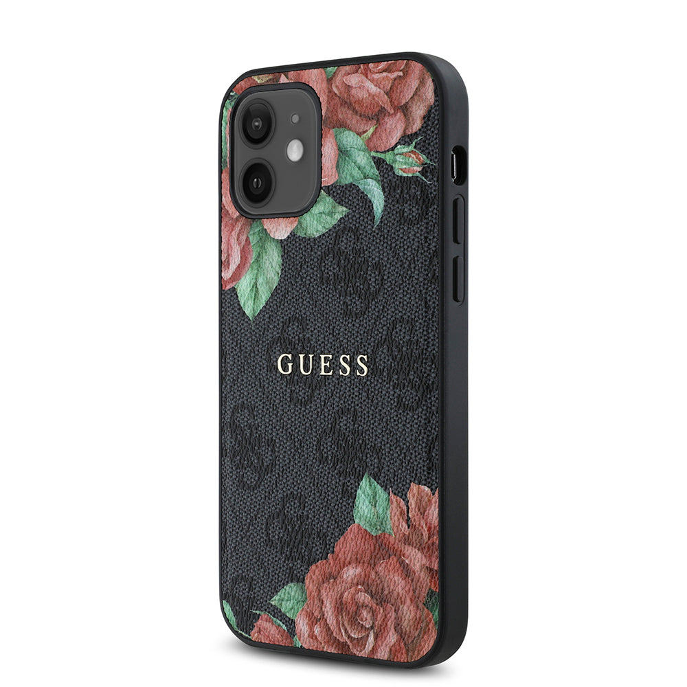 Guess iPhone 12 Orjinal Lisanslı M-safe Şarj Özellikli Gül Baskılı 4G Desenli Yazı Logolu Kılıf