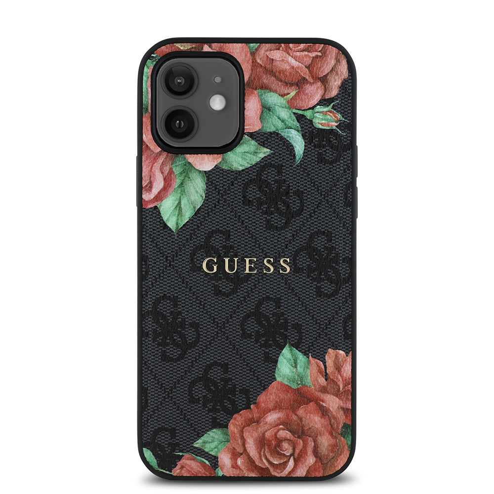 Guess iPhone 12 Orjinal Lisanslı M-safe Şarj Özellikli Gül Baskılı 4G Desenli Yazı Logolu Kılıf