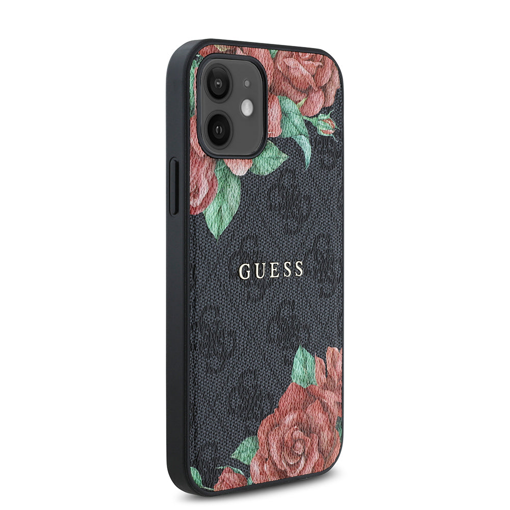Guess iPhone 12 Orjinal Lisanslı M-safe Şarj Özellikli Gül Baskılı 4G Desenli Yazı Logolu Kılıf