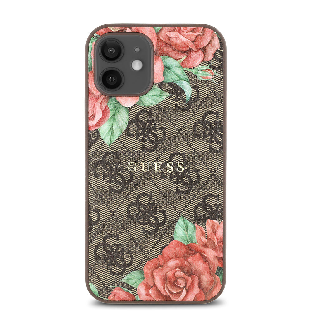 Guess iPhone 12 Orjinal Lisanslı M-safe Şarj Özellikli Gül Baskılı 4G Desenli Yazı Logolu Kılıf