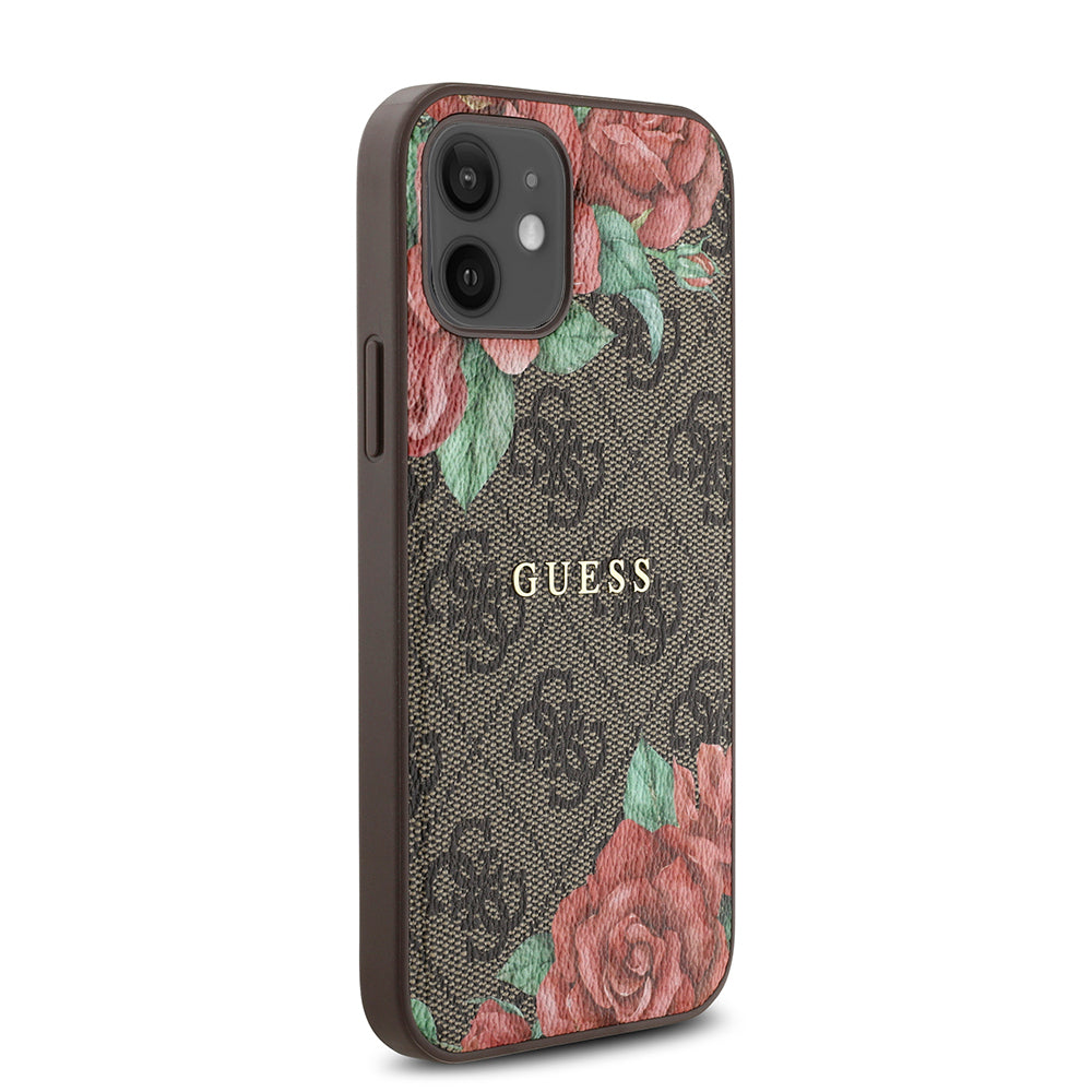 Guess iPhone 12 Orjinal Lisanslı M-safe Şarj Özellikli Gül Baskılı 4G Desenli Yazı Logolu Kılıf