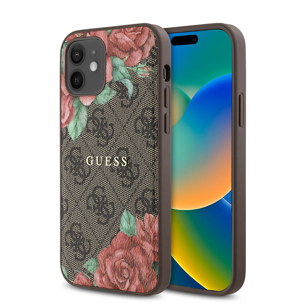 Guess iPhone 12 Orjinal Lisanslı M-safe Şarj Özellikli Gül Baskılı 4G Desenli Yazı Logolu Kılıf