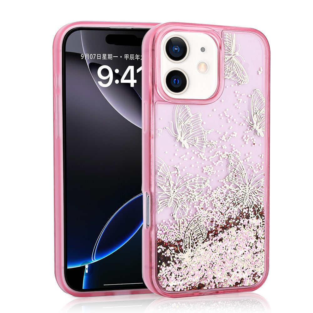Cepax iPhone 12 Sıvılı Simli Kelebek Baskılı Şeffaf Arka Yüzey Glis Silikon Kılıf